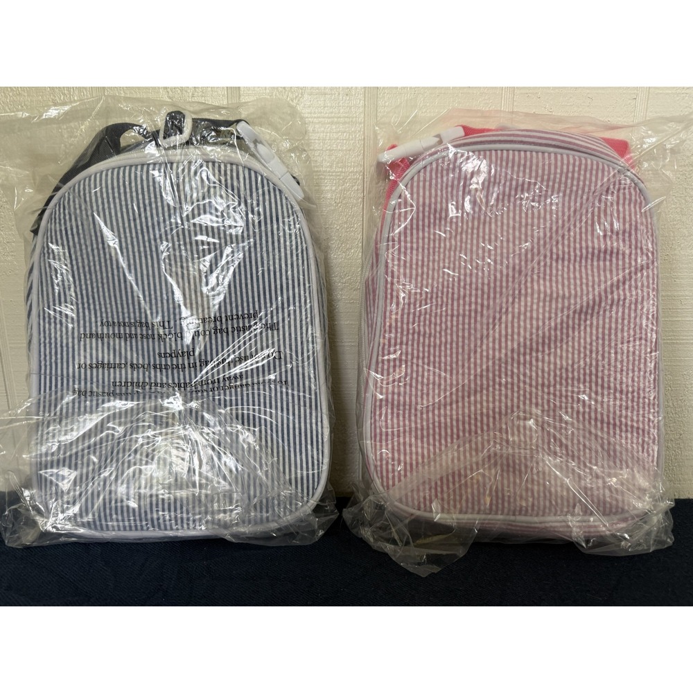 Seersucker Insulated Lunch Bags Pink and Blue Striped Kids Totes - Picture 6 of 6